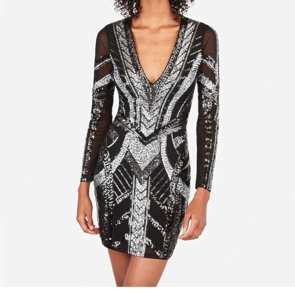 Elegant Black and Silver Sequin Dress long sleeves NWT